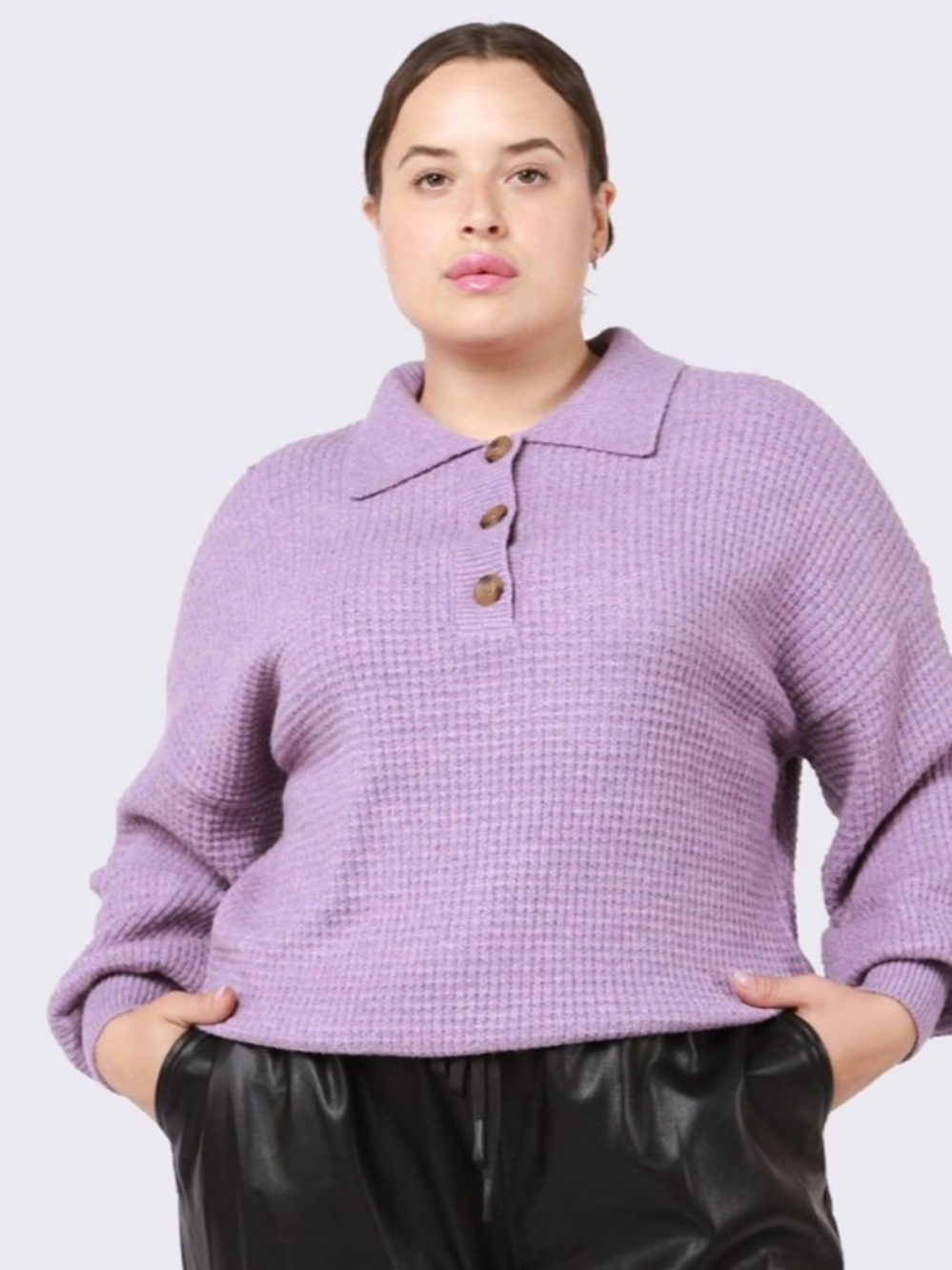 Black Tape_ Lilac Waffle-Knit Polo Sweater